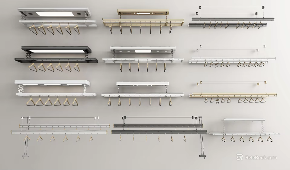 Various Design Clothes Hangers In Multiple Colors And Materials On Display Rods 3d model 