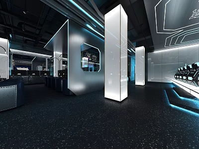 Modern Internet Cafe Interior With High Tech Lighting And Gaming Workstations Setup 3d model