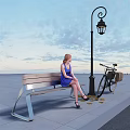 Vintage Bicycle Parked Near Street Lamp With Woman On Bench And Fallen Leaves