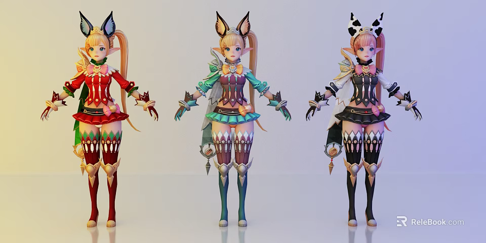 Anime Style Game Characters With Fox Ears And Colorful Costumes Accessories 3d model 