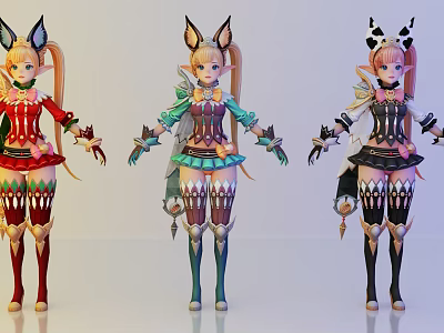 Anime Style Game Characters With Fox Ears And Colorful Costumes Accessories 3d model