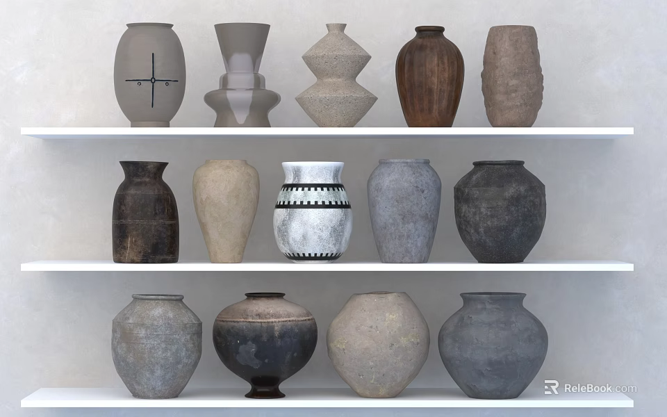 Ceramic Vessels Collection With Various Shapes Textures And Neutral Tones On Display Shelves 3d model 