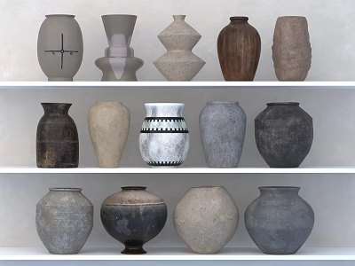 Ceramic Vessels Collection With Various Shapes Textures And Neutral Tones On Display Shelves 3d model