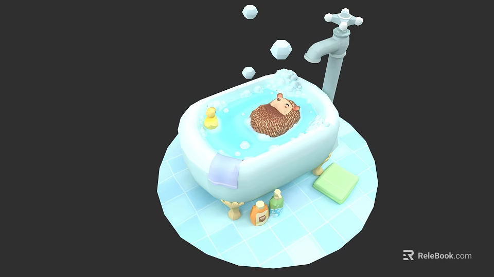Cute Hedgehog Bathing In White Bathtub With Bubbles And Bath Products 3d model 