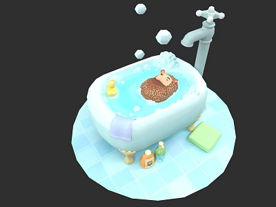 Cute Hedgehog Bathing In White Bathtub With Bubbles And Bath Products 3d model