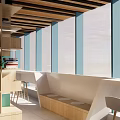 Book Art Inspired Library Interior With Wooden Ceiling Beams Bookshelves And Natural Light