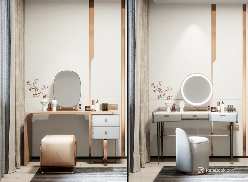 Elegant Modern Vanity Table Interior With Round Mirror Stool And Gold Accents 3d model 