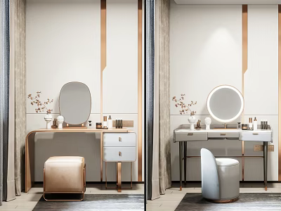 Elegant Modern Vanity Table Interior With Round Mirror Stool And Gold Accents 3d model