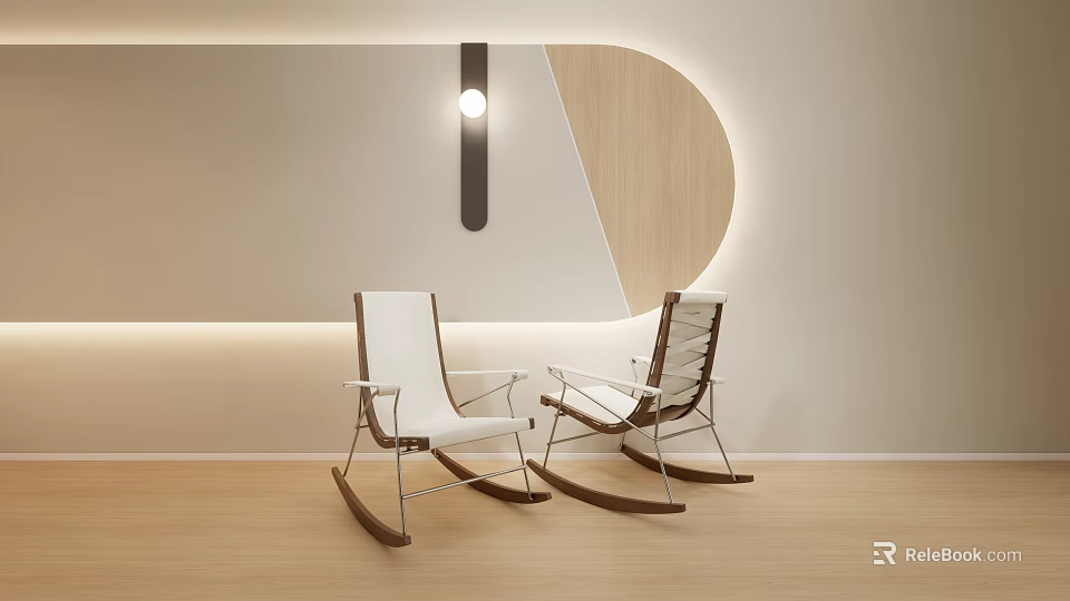 Modern Minimalist Indoor Rocking Chairs With White Brown Metal Frame And Wooden Wall Lighting 3d model 