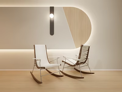 Modern Minimalist Indoor Rocking Chairs With White Brown Metal Frame And Wooden Wall Lighting 3d model
