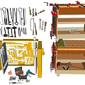 Organized Workshop Tools Storage With Yellow Cabinet Multiple Shelves And Rolling Cart