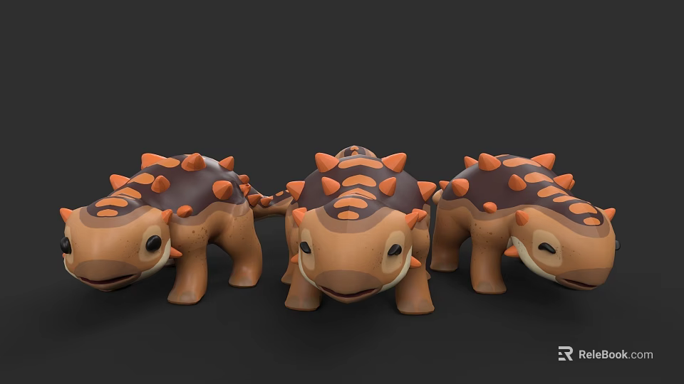 Three Brown Cartoon Reptile Stuffed Toys With Orange Spikes Design 3d model 