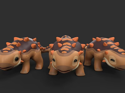 Three Brown Cartoon Reptile Stuffed Toys With Orange Spikes Design 3d model