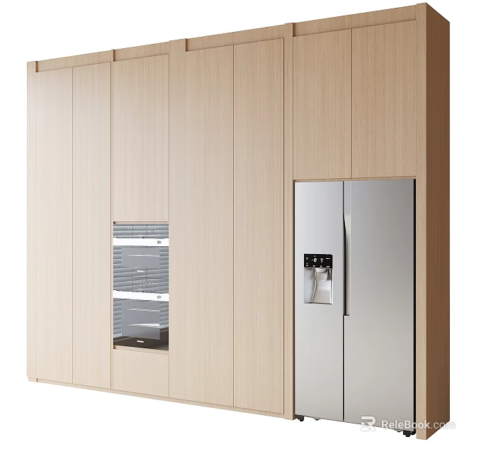 Modern Wooden Kitchen Sideboard With Sleek Design And Stainless Steel Refrigerator 3d model 