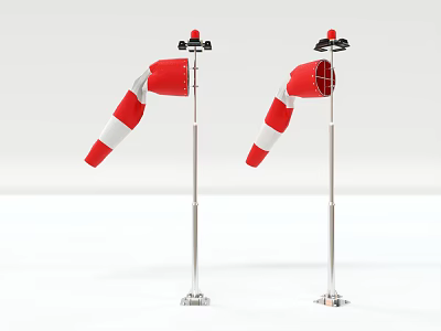 Two Red White Striped Wind Socks On Stainless Steel Poles With Base Stands 3d model