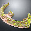 Garden Landscape With Curved Wall Green Plants Stone Pathway And Decorative Structure