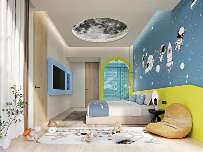 Hotel Guest Room With Astronaut Murals Moon Ceiling Light Blue Yellow Walls Kids Toys 3d model