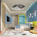 Hotel Guest Room With Astronaut Murals Moon Ceiling Light Blue Yellow Walls Kids Toys