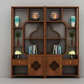 Chinese Style Wooden Curio Shelf With Decorative Vases Plates Books And Small Potted Plants