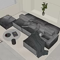 Bean curd block combination sofa fabric multi-person sofa back-to-back combination sofa pillow glass coffee table carpet vase potted water cup tray books 3d model