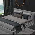 Modern Double Bed With Upholstered Design Vertical Striped Wall Round Decor Side Tables And Lamp