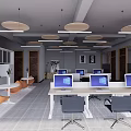 Modern Public Office Space Interior With Desks Computers Chairs And Pendant Lights 3d model