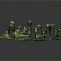 Ancient Stone Statues Arrangement With Circular Mossy Platform And Green Plants