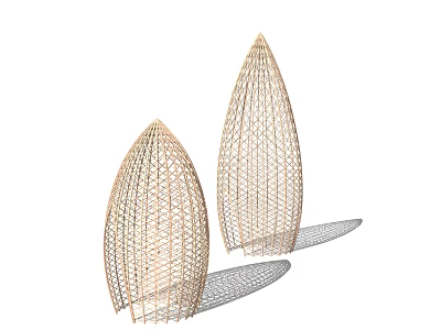 Garden Landscape With Two Woven Cone Shaped Wooden Lattice Decorative Structures 3d model