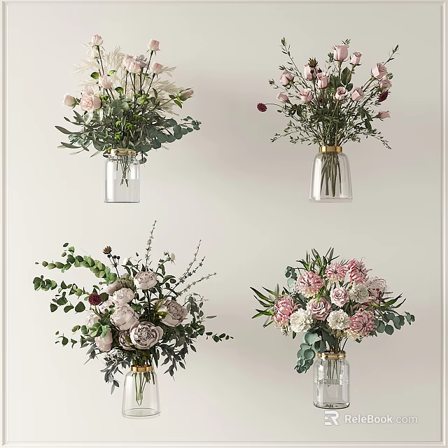 Four Clear Glass Vases With Mixed Pink White Flower Bouquets And Green Leaves 3d model 