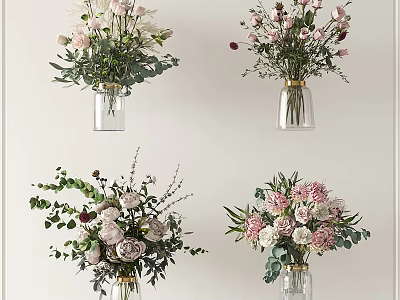 Four Clear Glass Vases With Mixed Pink White Flower Bouquets And Green Leaves 3d model