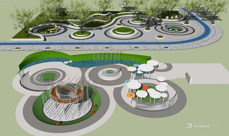 Public Park Landscaping With Multiple Circular Tree Pits And Green Pathways 3d model 