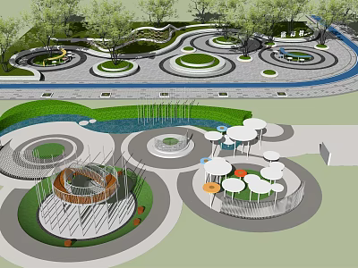 Public Park Landscaping With Multiple Circular Tree Pits And Green Pathways 3d model