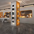 Modern Exhibition Hall Interior Design With Orange Pillar Shelves White Walls And Display Lamps