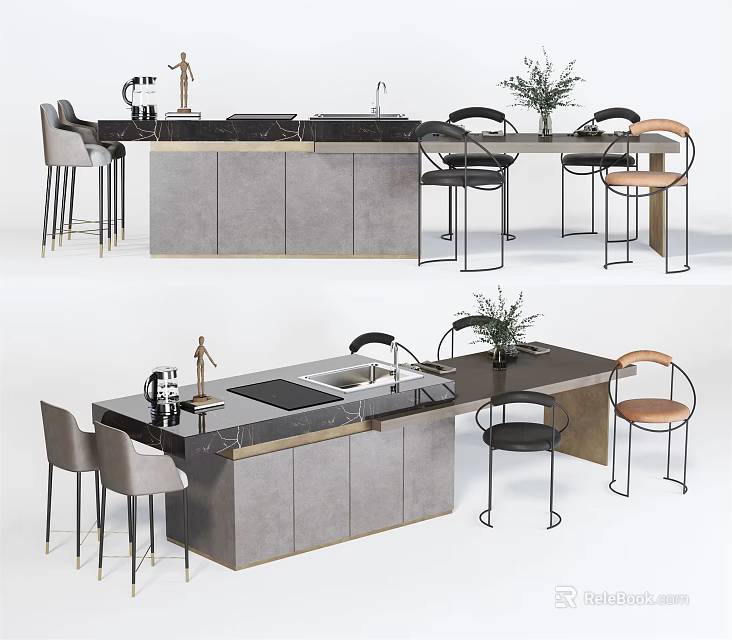 Modern Bar Counter Design With Gray Cabinets Black Top Bar Stools And Potted Plant 3d model 