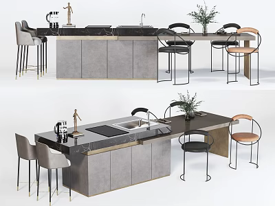 Modern Bar Counter Design With Gray Cabinets Black Top Bar Stools And Potted Plant 3d model