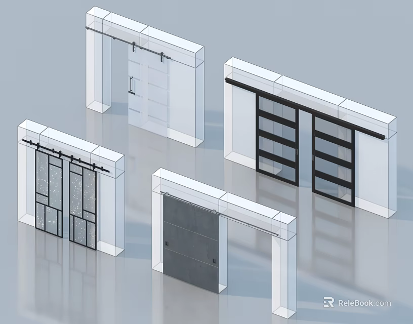Modern Sliding Barn Doors in Various Designs with Glass and Solid Panels 3d model