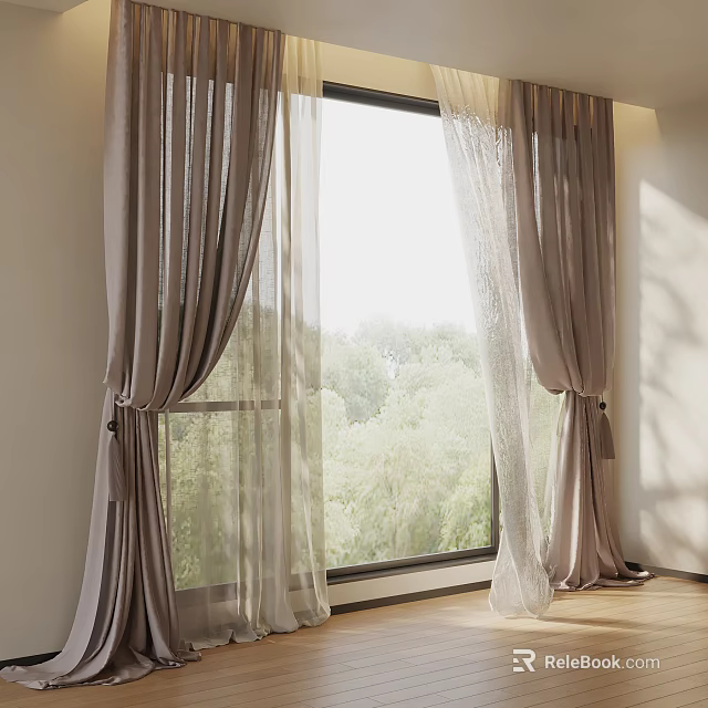 Elegant Beige Curtains With Sheer Layer Tied Back By Window And Green Trees View 3d model 