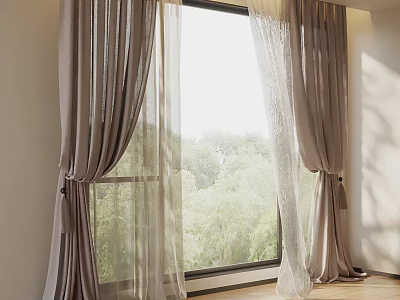 Elegant Beige Curtains With Sheer Layer Tied Back By Window And Green Trees View 3d model