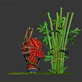 Man Wearing Traditional Samurai Costume With Helmet Holding Sword Near Bamboo On Green Grass