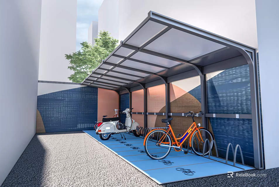 Bicycle Parking Area with Shelter Motorcycle and Bikes on Blue Floor Near Building and Tree 3d model 