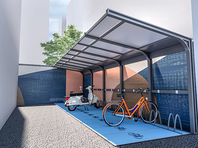 Bicycle Parking Area with Shelter Motorcycle and Bikes on Blue Floor Near Building and Tree 3d model