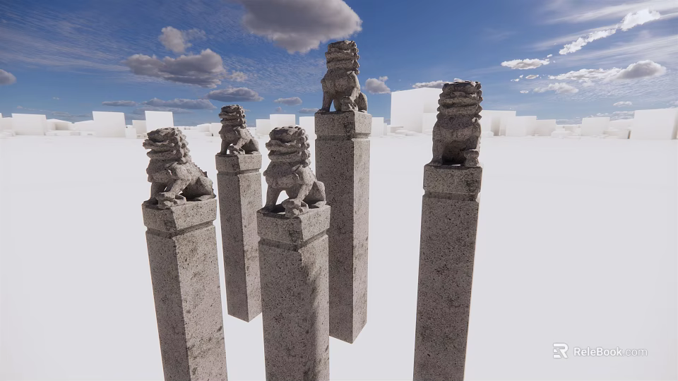 Traditional Stone Columns With Stone Lion Statues On Top Against Blue Sky 3d model 