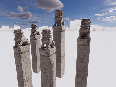 Traditional Stone Columns With Stone Lion Statues On Top Against Blue Sky 3d model