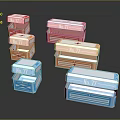 Colorful Storage Boxes with No77 Labels in Pink Orange Blue on Dark Reflective Surface