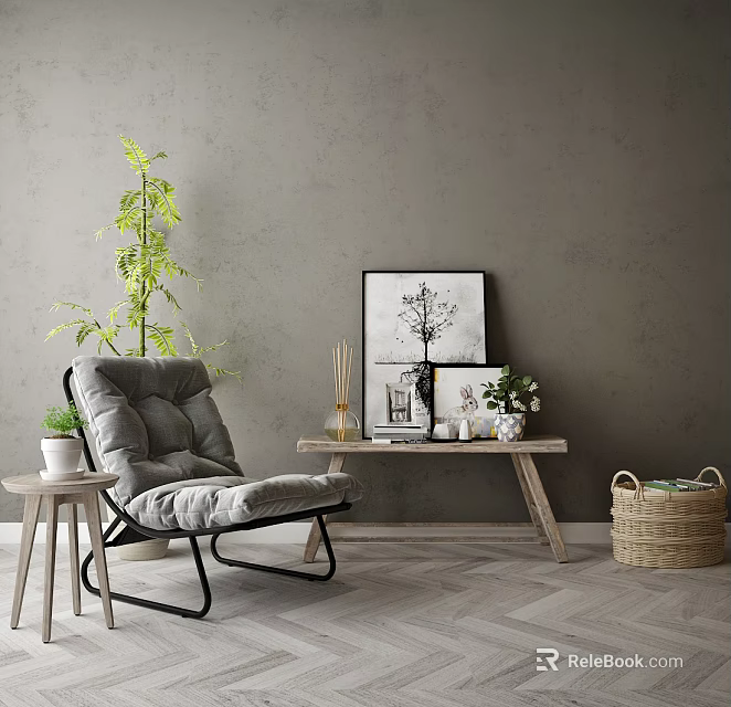Gray Single Sofa Living Space With Green Plant Decorative Painting Wooden Side Table And Herringbone Floor 3d model 