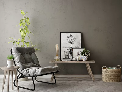 Gray Single Sofa Living Space With Green Plant Decorative Painting Wooden Side Table And Herringbone Floor 3d model