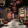 Warm Restaurant Interior Featuring Wooden Ceiling Hexagonal Decor Pendant Lights And Round Tables 3d model