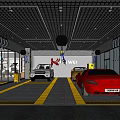 4S Shop Car Service Area with White Yellow Red Vehicles and Yellow Floor Markings