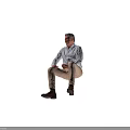 White Haired Man Wearing White Shirt Beige Pants And Brown Shoes Sitting Against Black Background