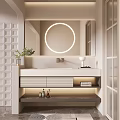 Modern Bathroom Vanity With Round Backlit Mirror White Countertop And Wall Grid Design 3d model